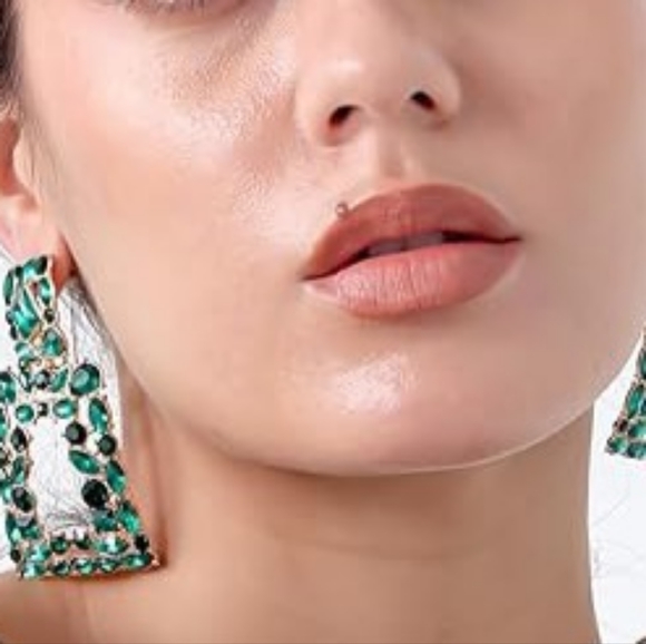 Green Rhinestone Bejeweled Earrings - Picture 2 of 2